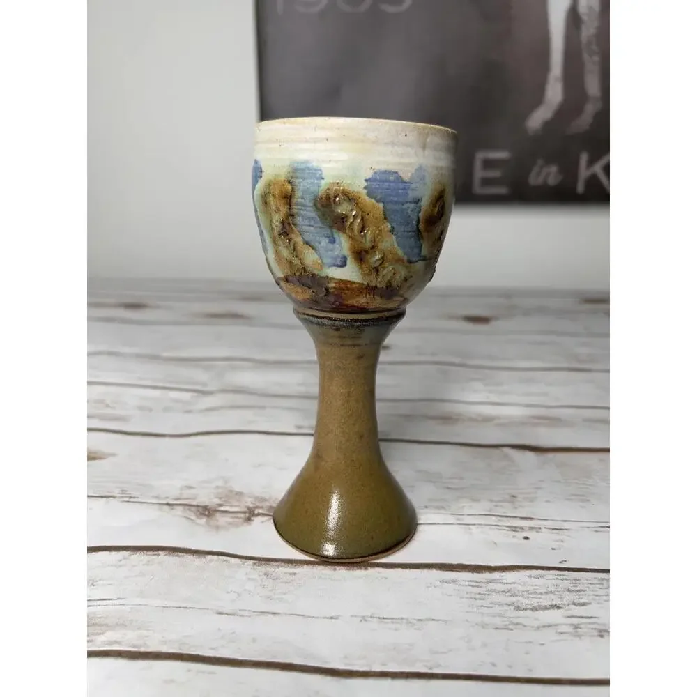 VINTAGE 70s Studio Art Pottery Handmade Stoneware Drip Wine Water Goblet